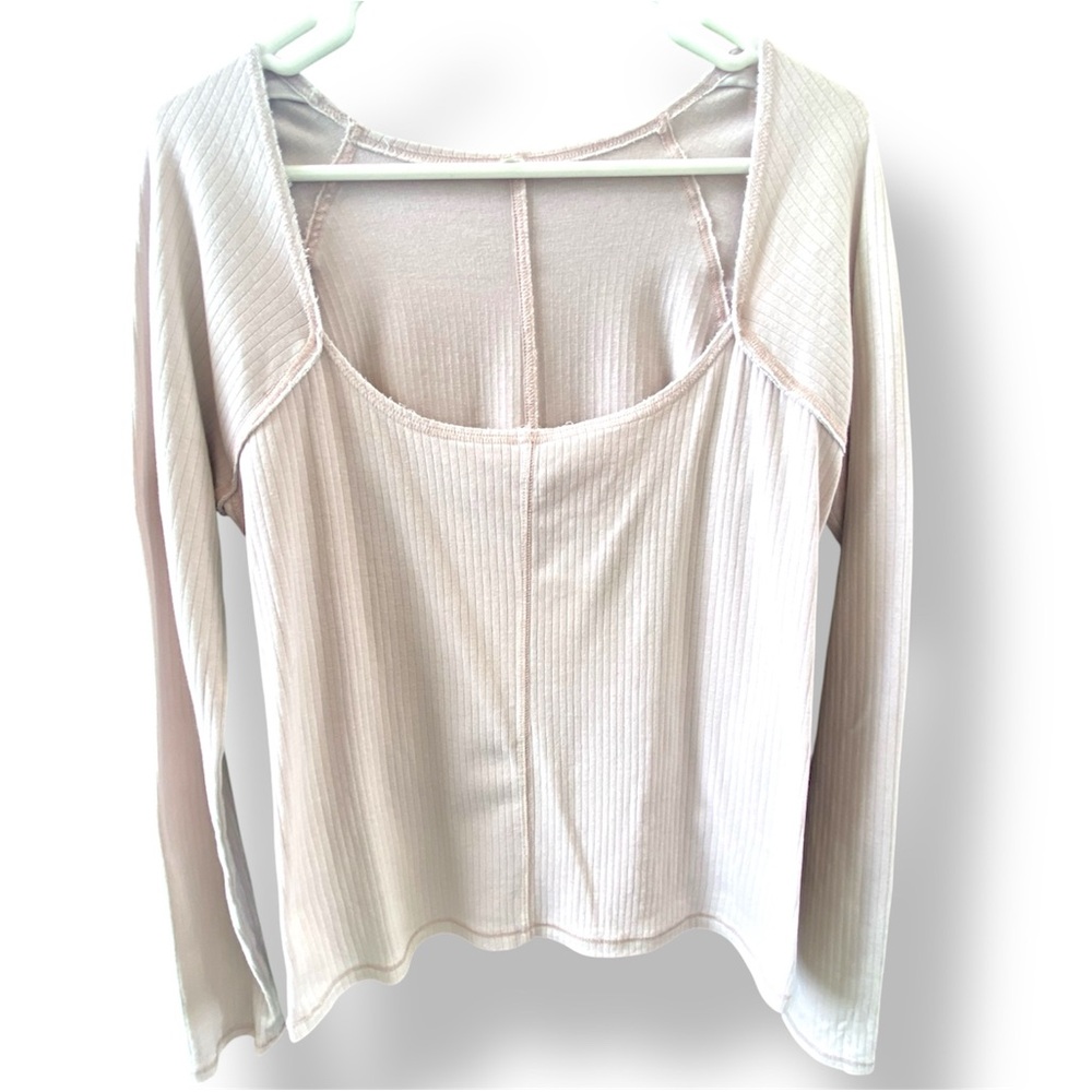 Free People Intimately Angie Top Beige Ribbed Long Sleeve Squared Neck M